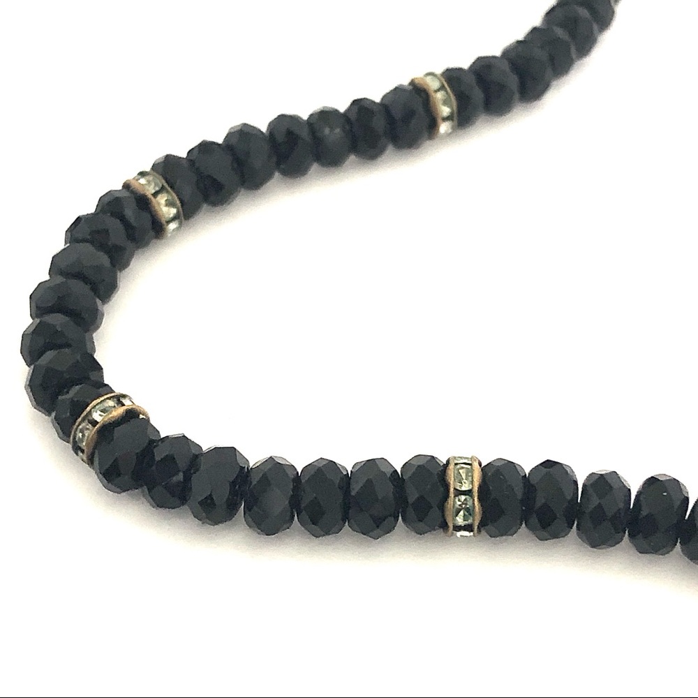 Vintage Black Glass Necklace Rhinestone Rondelle - Picture 4 of 7